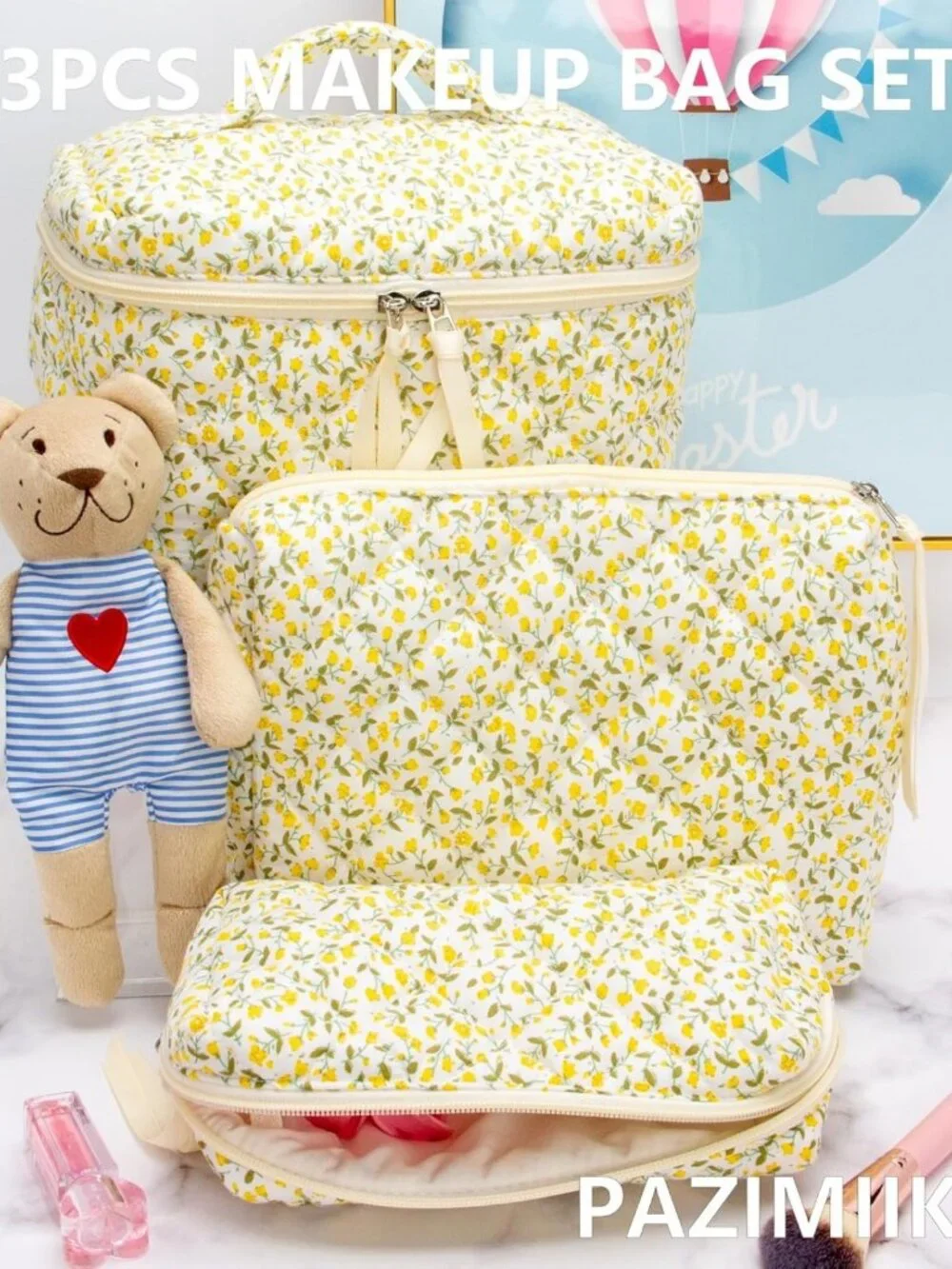 Floral Yellow 3-Piece Quilted Makeup Bag Set for Women | Cosmetic & Toiletry